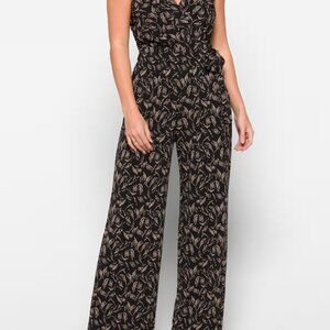 Black Geometric Print V-Neck Jumpsuit with Tie Waist